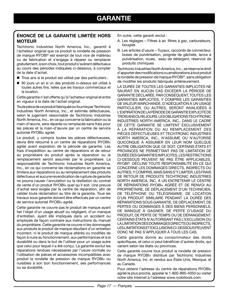 Garantie | Ryobi RY80930 User Manual | Page 36 / 52