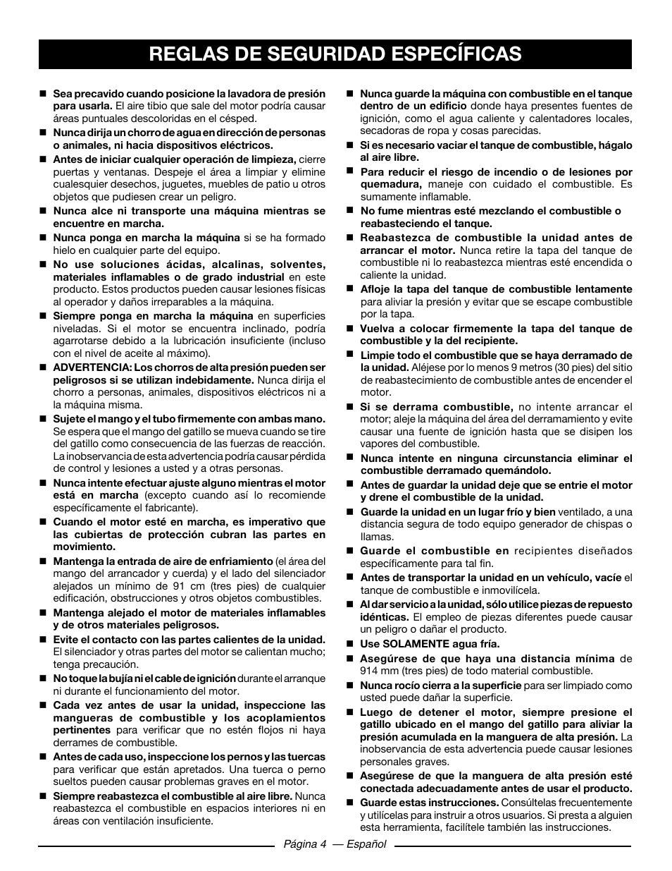 Reglas de seguridad específicas | Ryobi RY80930 User Manual | Page 38 / 52