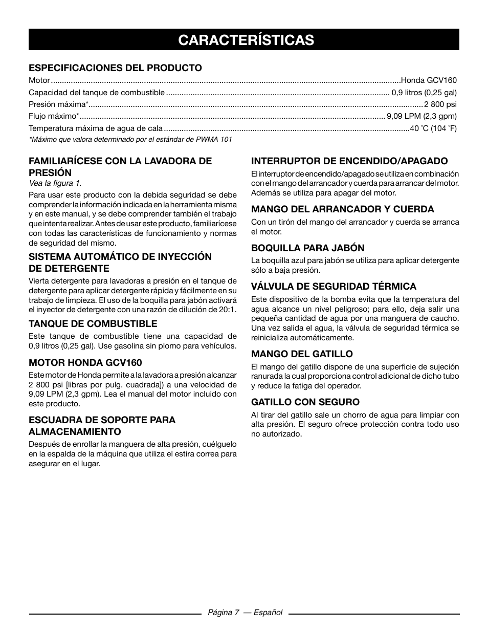 Características | Ryobi RY80930 User Manual | Page 41 / 52