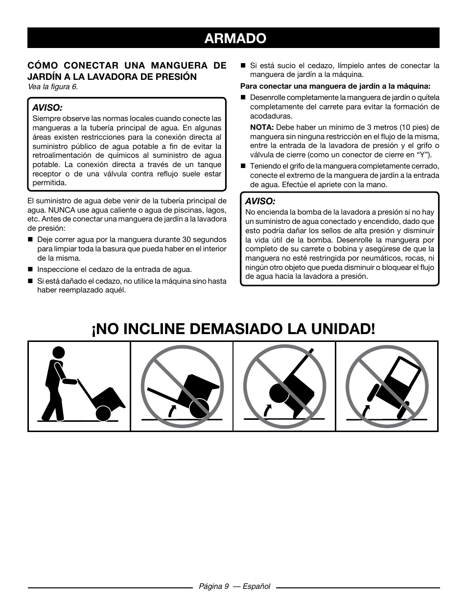 No incline demasiado la unidad, Armado | Ryobi RY80930 User Manual | Page 43 / 52