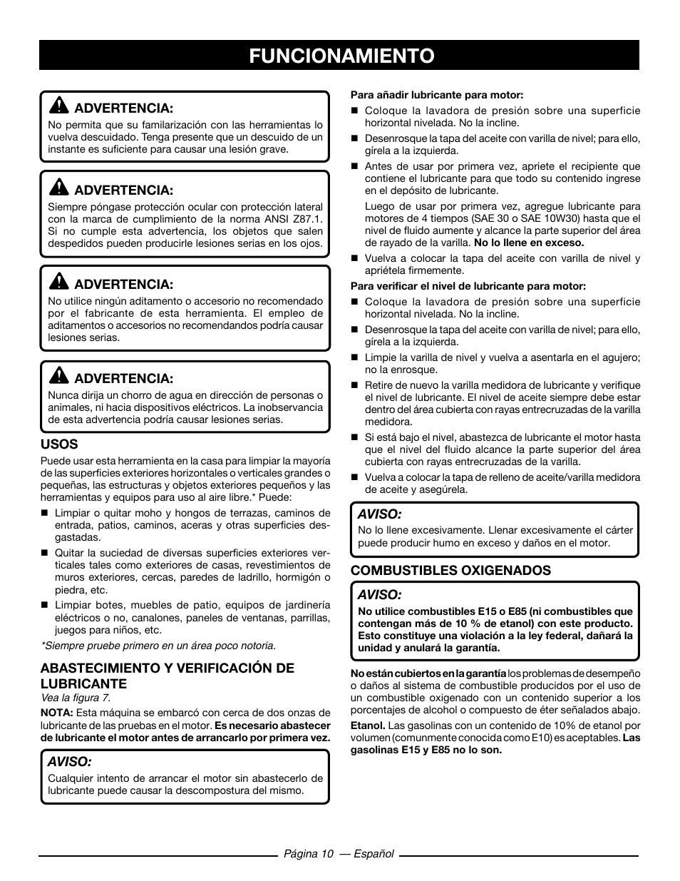 Funcionamiento, Aviso, Combustibles oxigenados aviso | Advertencia, Usos, Abastecimiento y verificación de lubricante | Ryobi RY80930 User Manual | Page 44 / 52