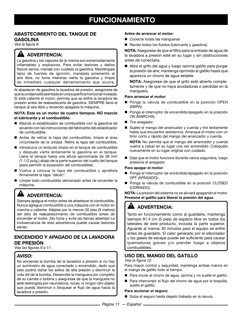 Funcionamiento, Abastecimiento del tanque de gasolina, Advertencia | Encendido y apagado de la lavadora de presión, Aviso, Uso del mango del gatillo | Ryobi RY80930 User Manual | Page 45 / 52