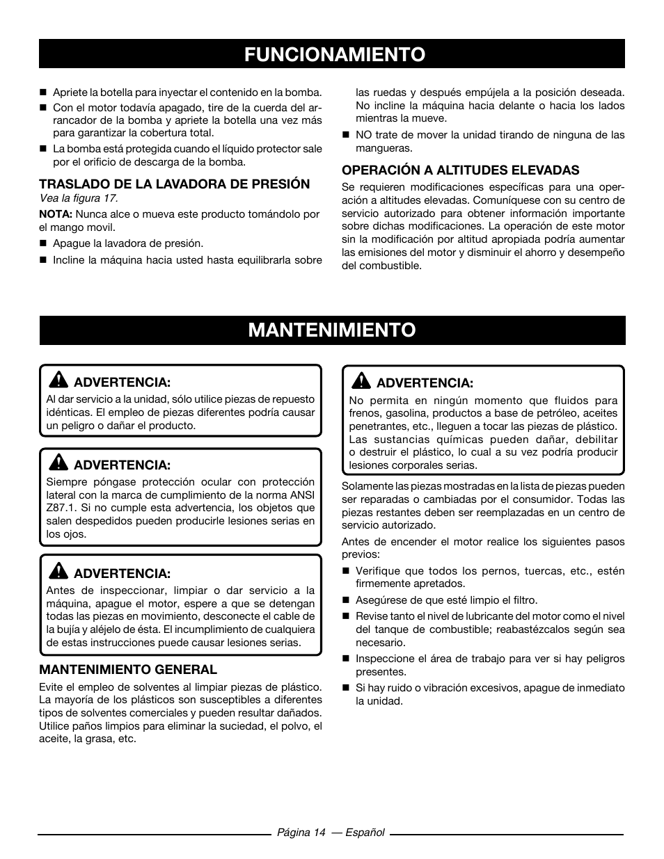 Mantenimiento funcionamiento | Ryobi RY80930 User Manual | Page 48 / 52