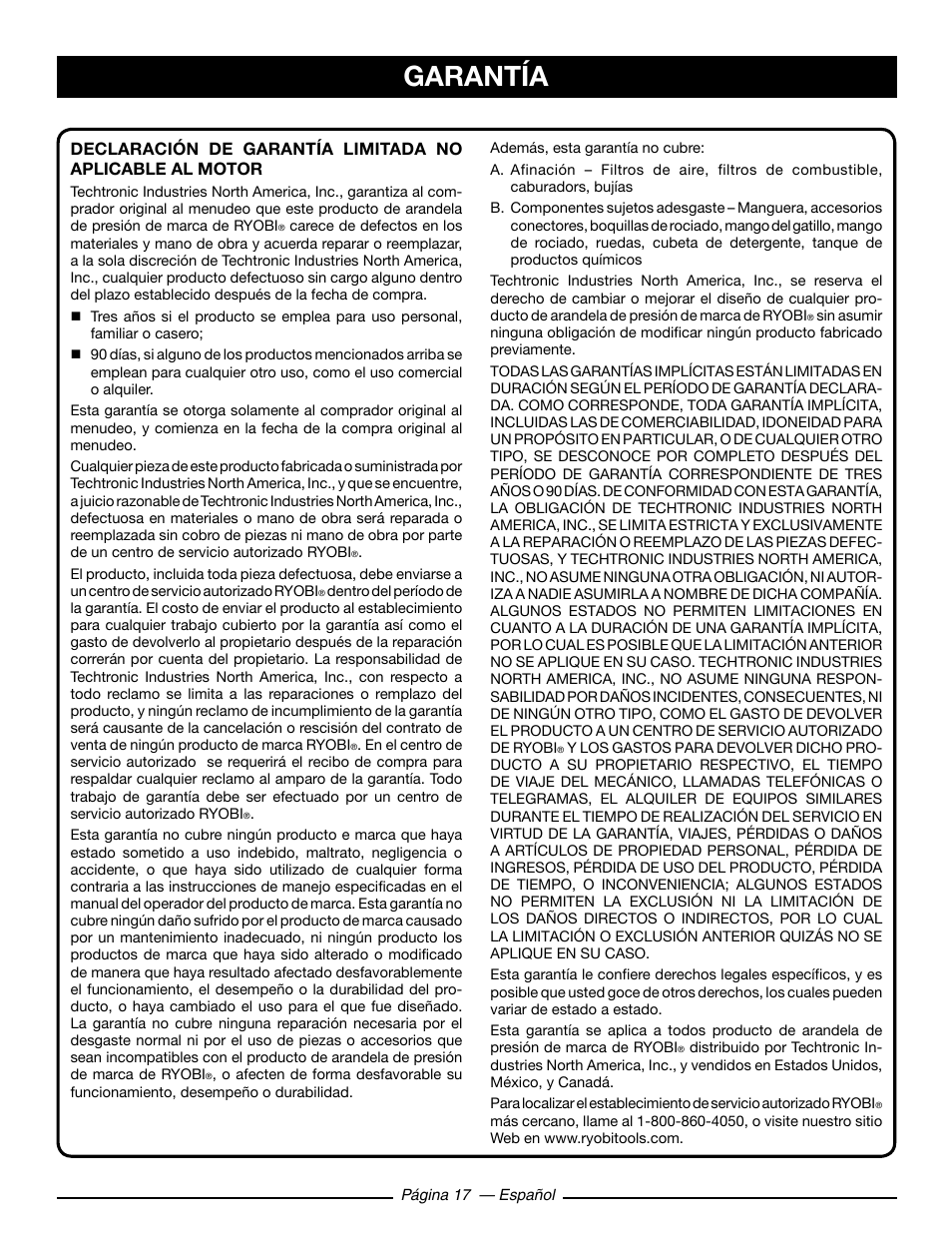Garantía | Ryobi RY80930 User Manual | Page 51 / 52