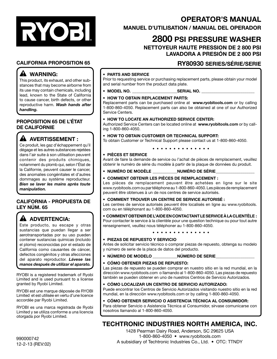 Operator’s manual, Psi pressure washer, Techtronic industries north america, inc | Ryobi RY80930 User Manual | Page 52 / 52