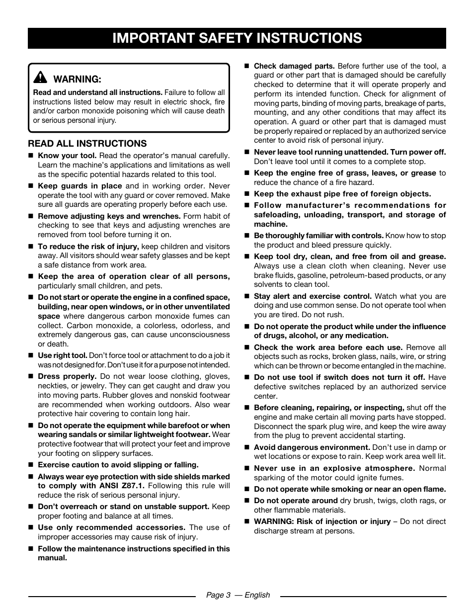 Important safety instructions, Warning | Ryobi RY80930 User Manual | Page 7 / 52