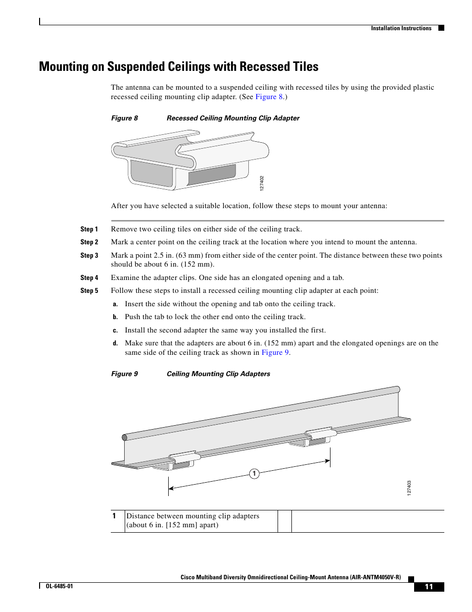 Mounting on suspended ceilings with recessed tiles | Cisco Multiband Diversity Omnidirectional Ceiling-Mount Antenna AIR-ANTM4050V-R User Manual | Page 11 / 18