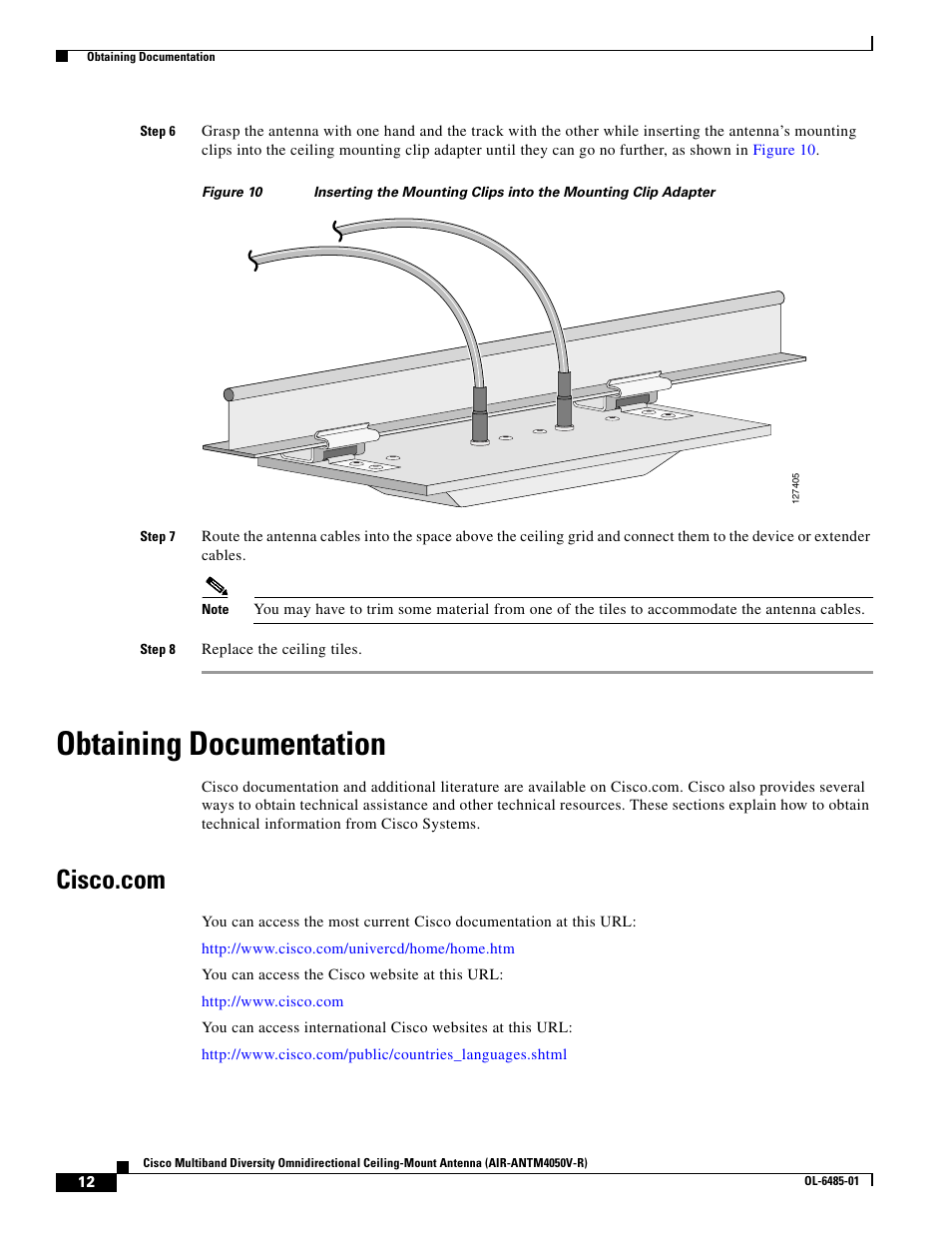 Obtaining documentation, Cisco.com | Cisco Multiband Diversity Omnidirectional Ceiling-Mount Antenna AIR-ANTM4050V-R User Manual | Page 12 / 18