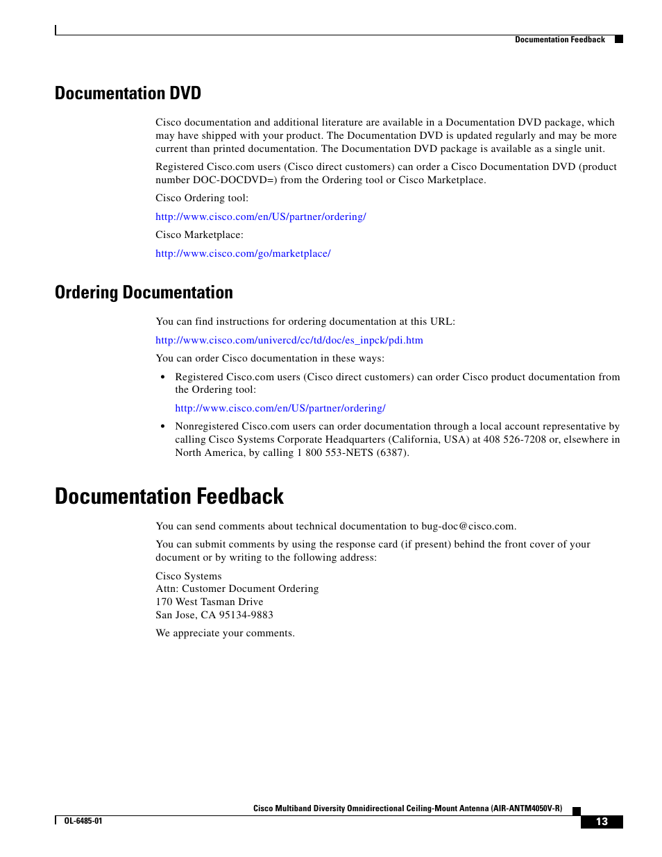 Documentation dvd, Ordering documentation, Documentation feedback | Cisco Multiband Diversity Omnidirectional Ceiling-Mount Antenna AIR-ANTM4050V-R User Manual | Page 13 / 18