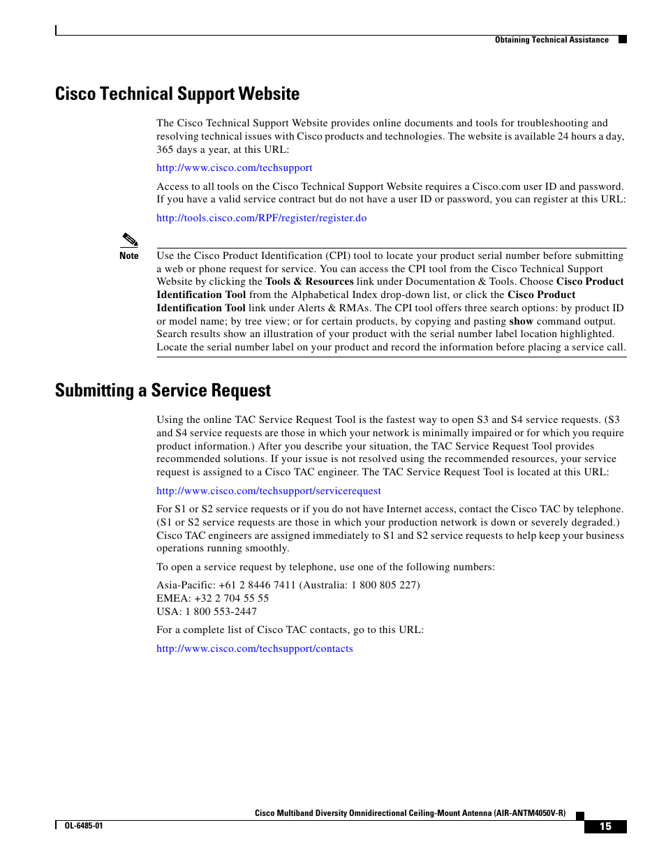 Cisco technical support website, Submitting a service request | Cisco Multiband Diversity Omnidirectional Ceiling-Mount Antenna AIR-ANTM4050V-R User Manual | Page 15 / 18