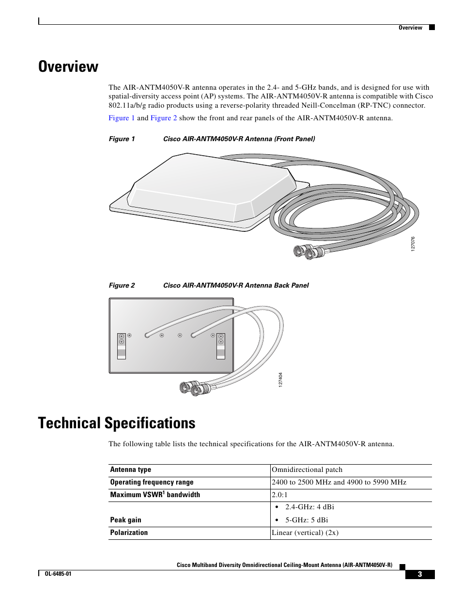 Overview, Technical specifications | Cisco Multiband Diversity Omnidirectional Ceiling-Mount Antenna AIR-ANTM4050V-R User Manual | Page 3 / 18