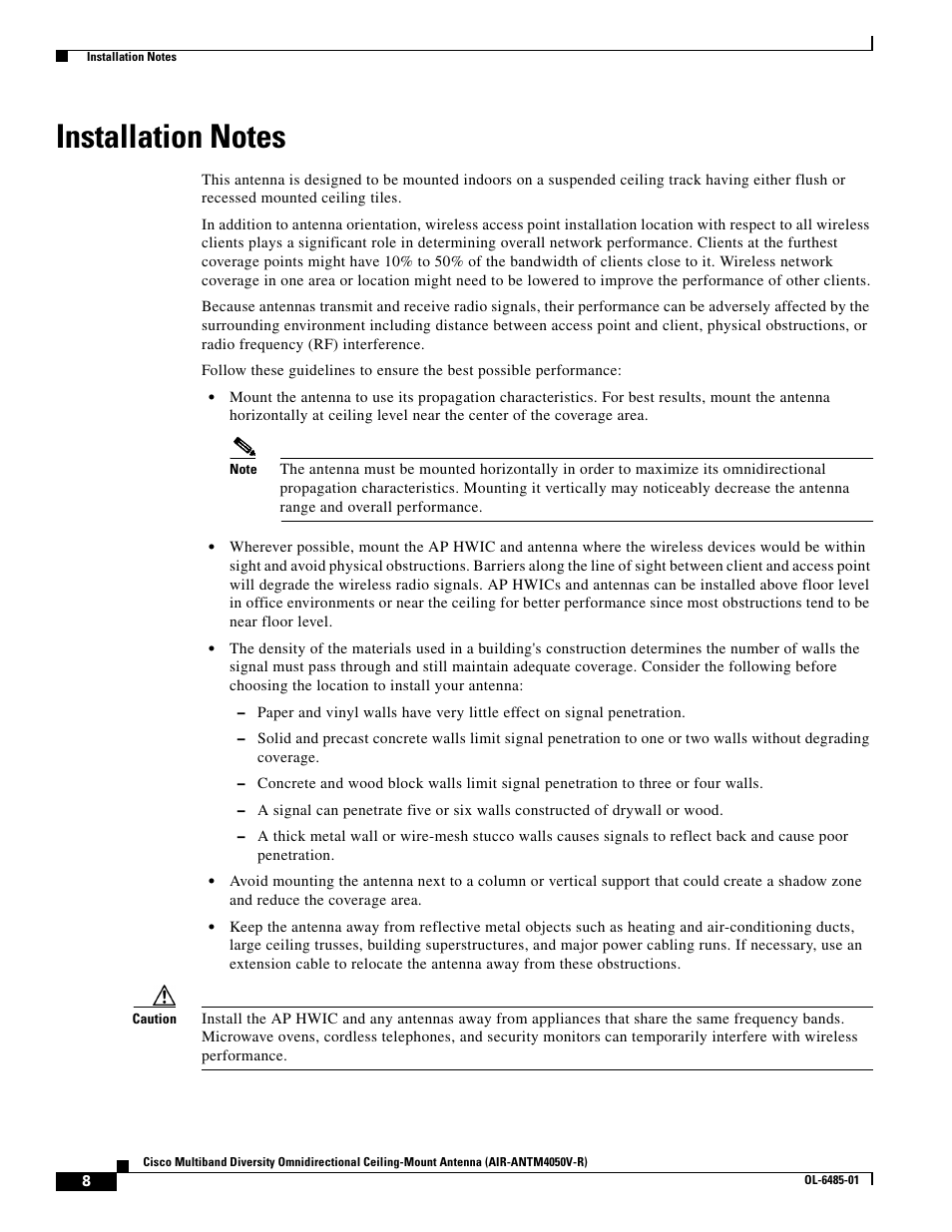 Installation notes | Cisco Multiband Diversity Omnidirectional Ceiling-Mount Antenna AIR-ANTM4050V-R User Manual | Page 8 / 18