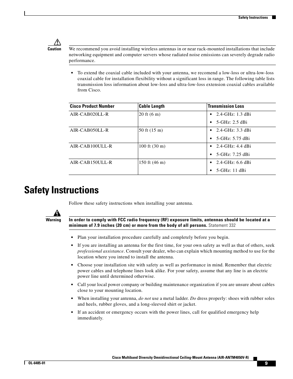 Safety instructions | Cisco Multiband Diversity Omnidirectional Ceiling-Mount Antenna AIR-ANTM4050V-R User Manual | Page 9 / 18