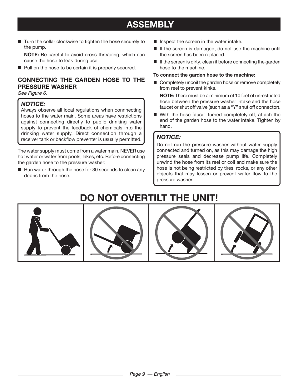 Do not overtilt the unit, Assembly | Ryobi RY80533 User Manual | Page 13 / 64