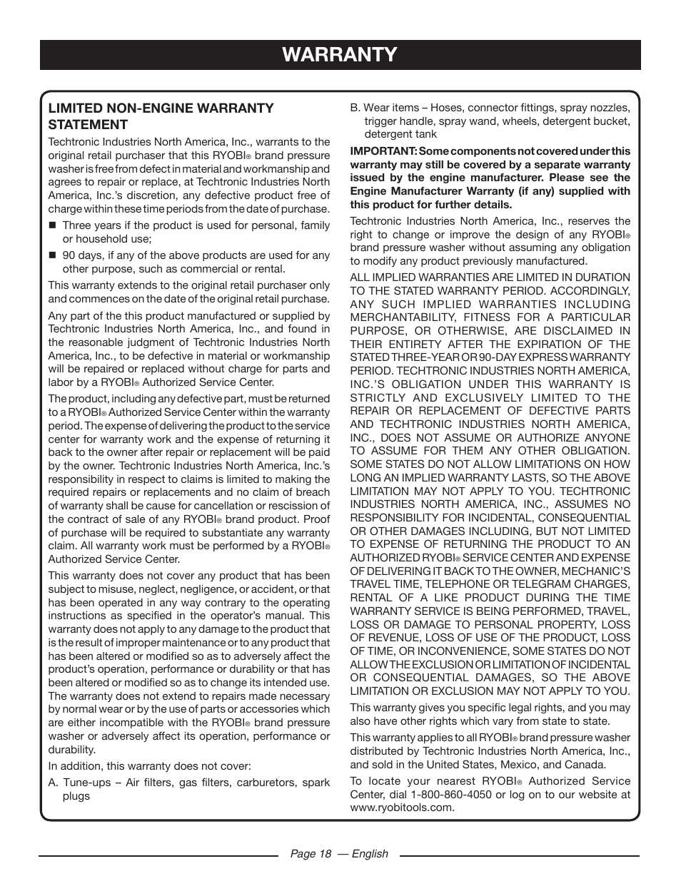 Warranty, Limited non-engine warranty statement | Ryobi RY80533 User Manual | Page 22 / 64