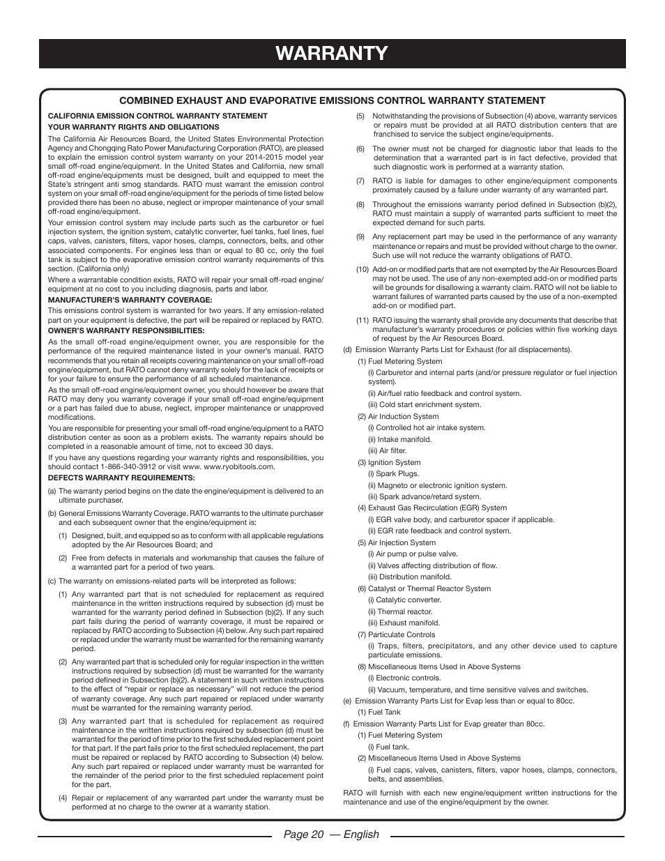 Warranty, Page 20 — english | Ryobi RY80533 User Manual | Page 24 / 64