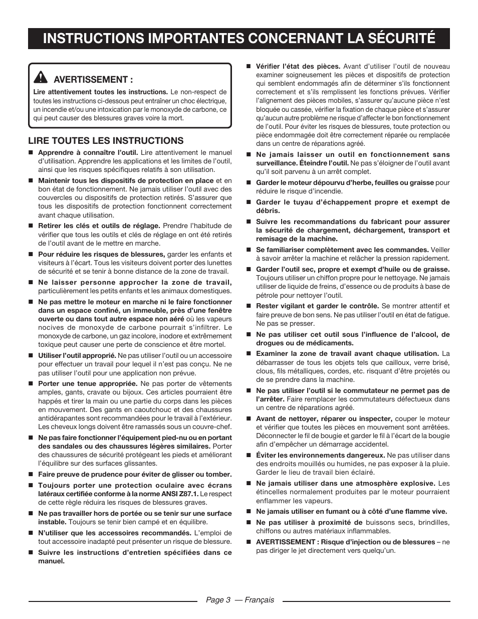 Instructions importantes concernant la sécurité, Avertissement, Lire toutes les instructions | Ryobi RY80533 User Manual | Page 26 / 64