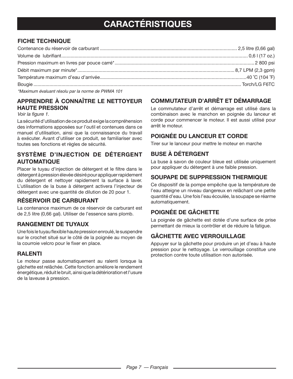 Caractéristiques | Ryobi RY80533 User Manual | Page 30 / 64