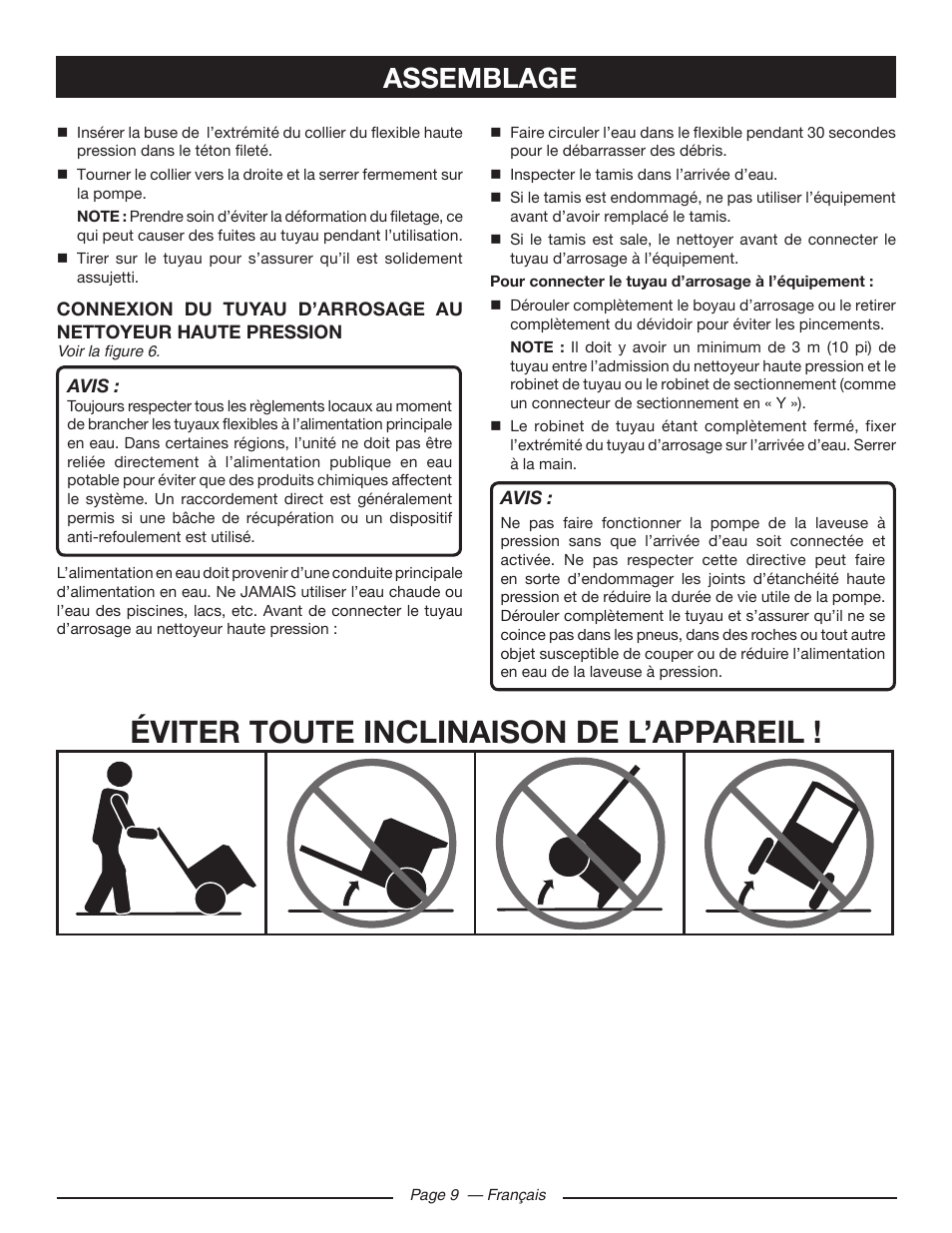 Éviter toute inclinaison de l’appareil, Assemblage | Ryobi RY80533 User Manual | Page 32 / 64