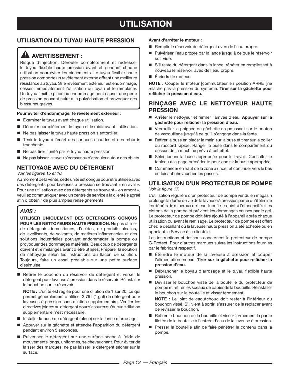 Utilisation, Utilisation du tuyau haute pression avertissement, Nettoyage avec du détergent | Avis, Rinçage avec le nettoyeur haute pression, Utilisation d’un protecteur de pompe | Ryobi RY80533 User Manual | Page 36 / 64