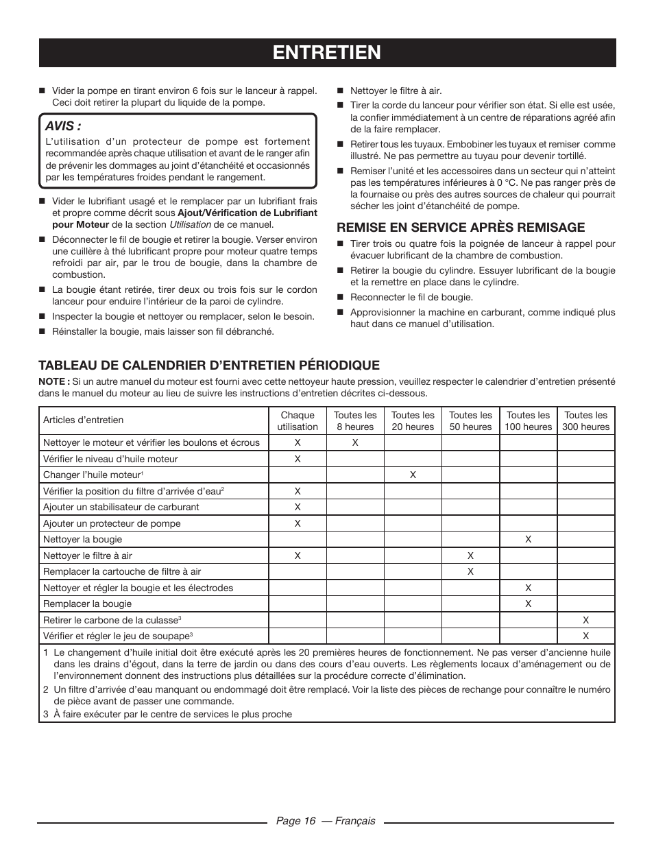 Entretien, Avis, Remise en service après remisage | Tableau de calendrier d’entretien périodique | Ryobi RY80533 User Manual | Page 39 / 64