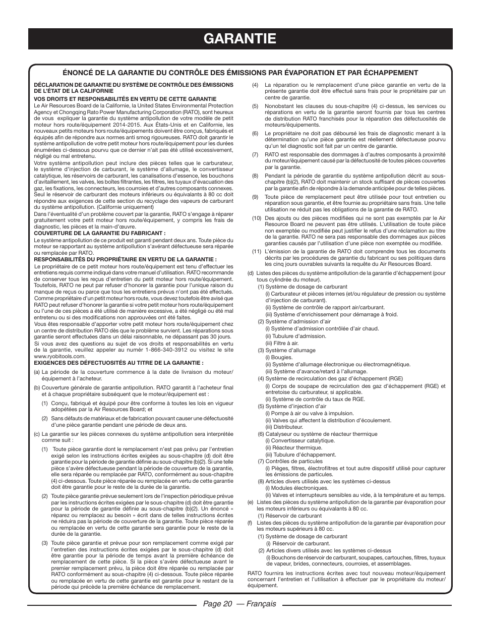 Garantie, Page 20 — français | Ryobi RY80533 User Manual | Page 43 / 64