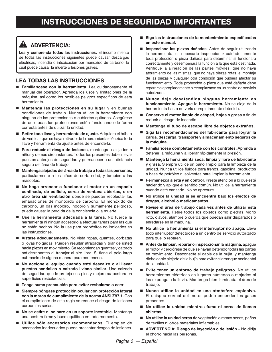 Instrucciones de seguridad importantes, Advertencia, Lea todas las instrucciones | Ryobi RY80533 User Manual | Page 45 / 64