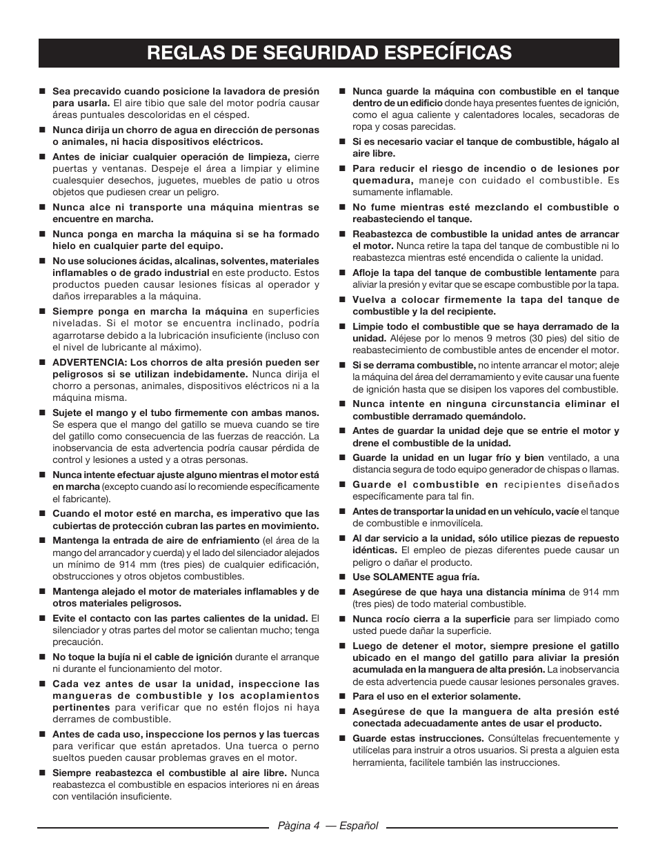 Reglas de seguridad específicas | Ryobi RY80533 User Manual | Page 46 / 64