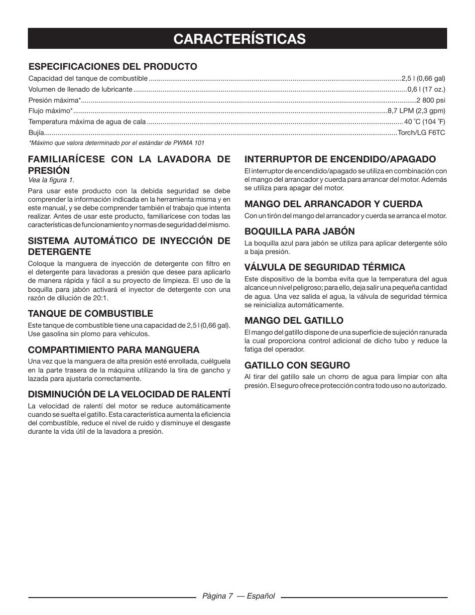 Características | Ryobi RY80533 User Manual | Page 49 / 64