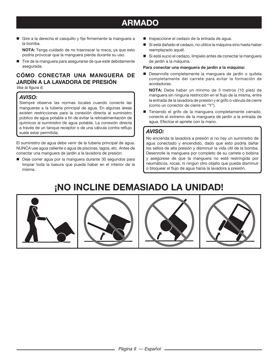 No incline demasiado la unidad, Armado | Ryobi RY80533 User Manual | Page 51 / 64