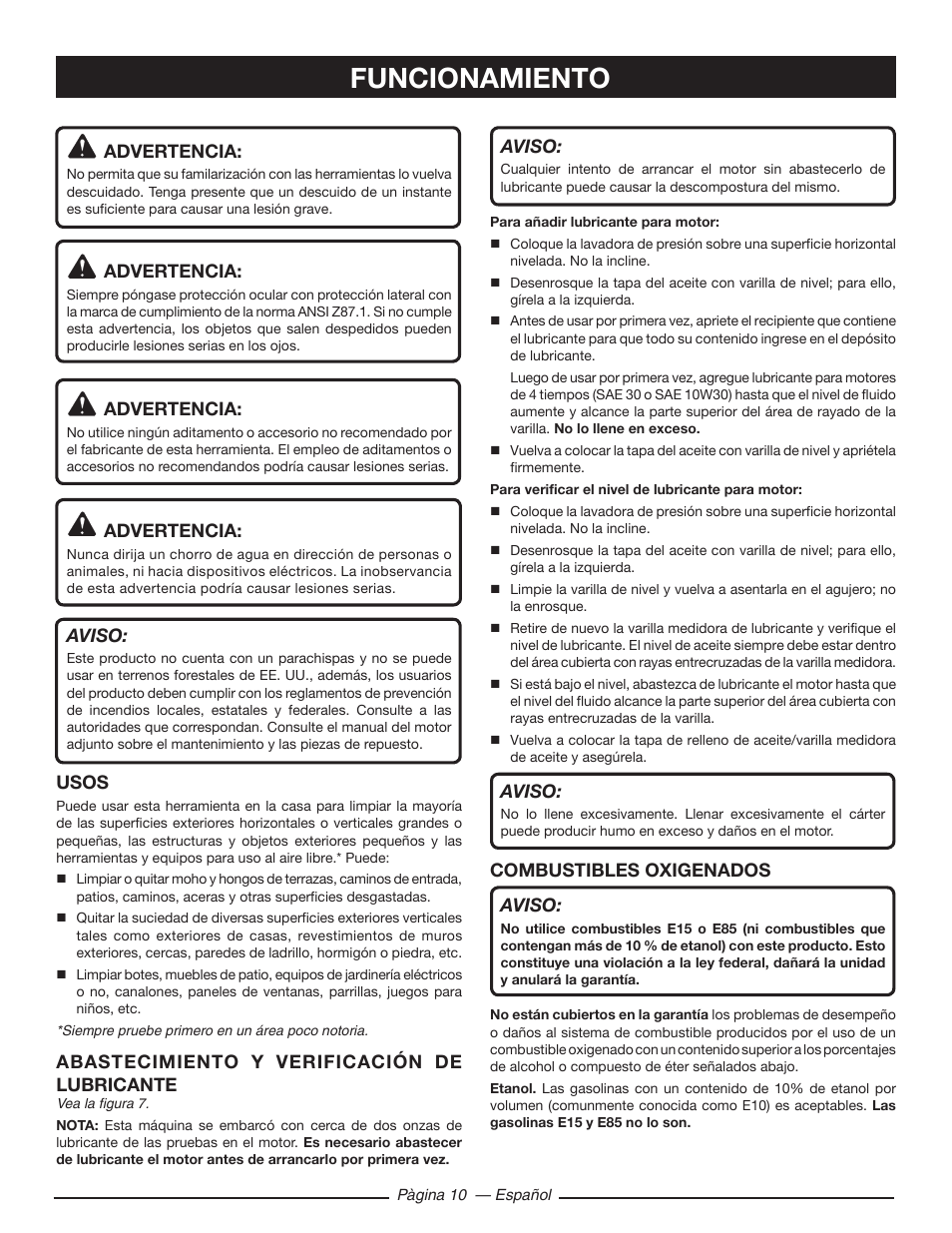 Funcionamiento | Ryobi RY80533 User Manual | Page 52 / 64