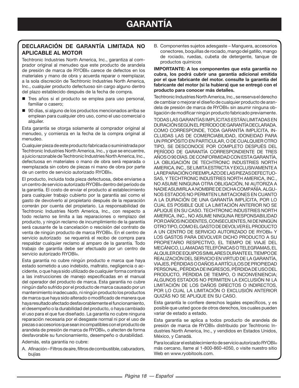 Garantía | Ryobi RY80533 User Manual | Page 60 / 64