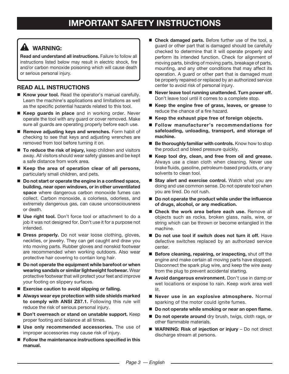 Important safety instructions, Warning | Ryobi RY80533 User Manual | Page 7 / 64