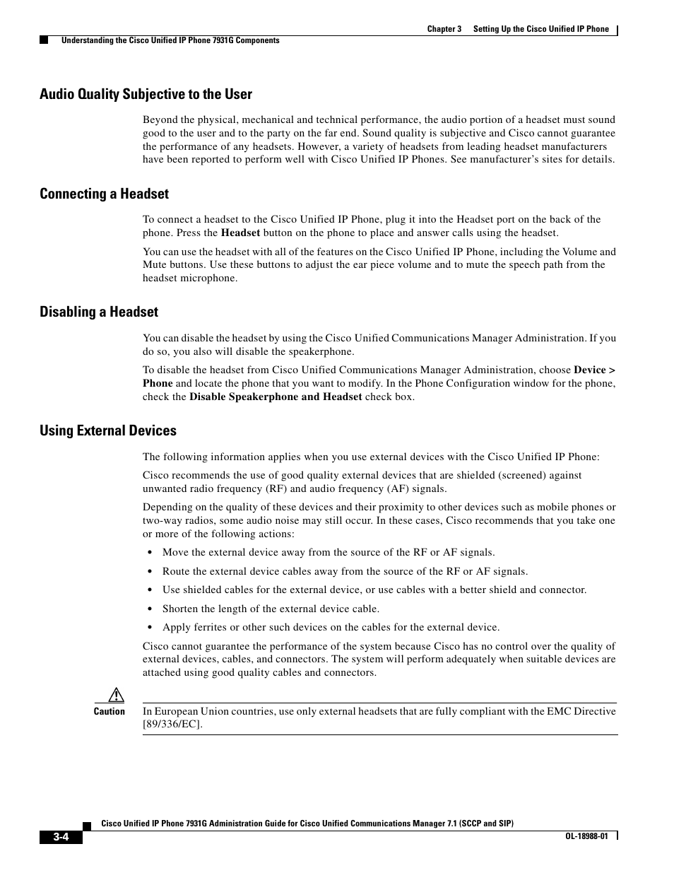 Audio quality subjective to the user, Connecting a headset, Disabling a headset | Using external devices, Rs. see, Using, For more informati | Cisco CISCO UNIFIED OL-18988-01 User Manual | Page 4 / 10