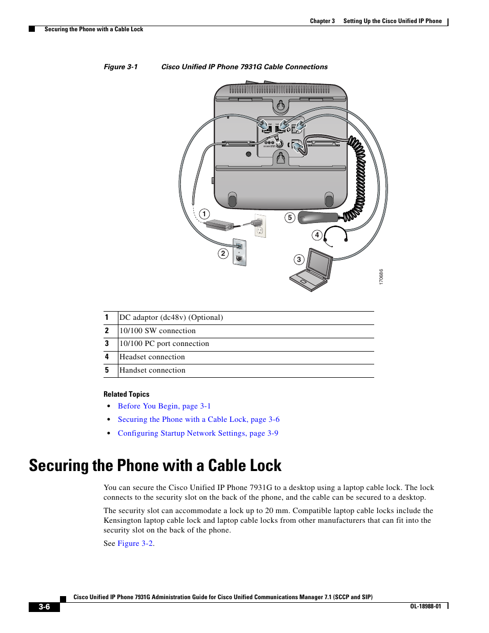 Securing the phone with a cable lock, Figure 3-1, For a graphical representa | Cisco CISCO UNIFIED OL-18988-01 User Manual | Page 6 / 10