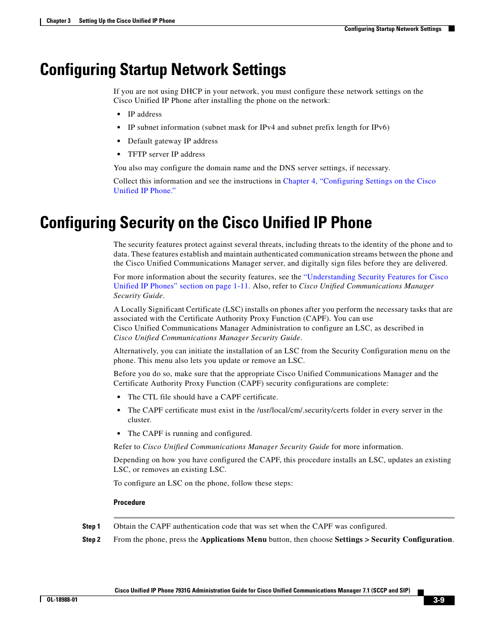 Configuring startup network settings, Configuring security on the cisco unified ip phone | Cisco CISCO UNIFIED OL-18988-01 User Manual | Page 9 / 10