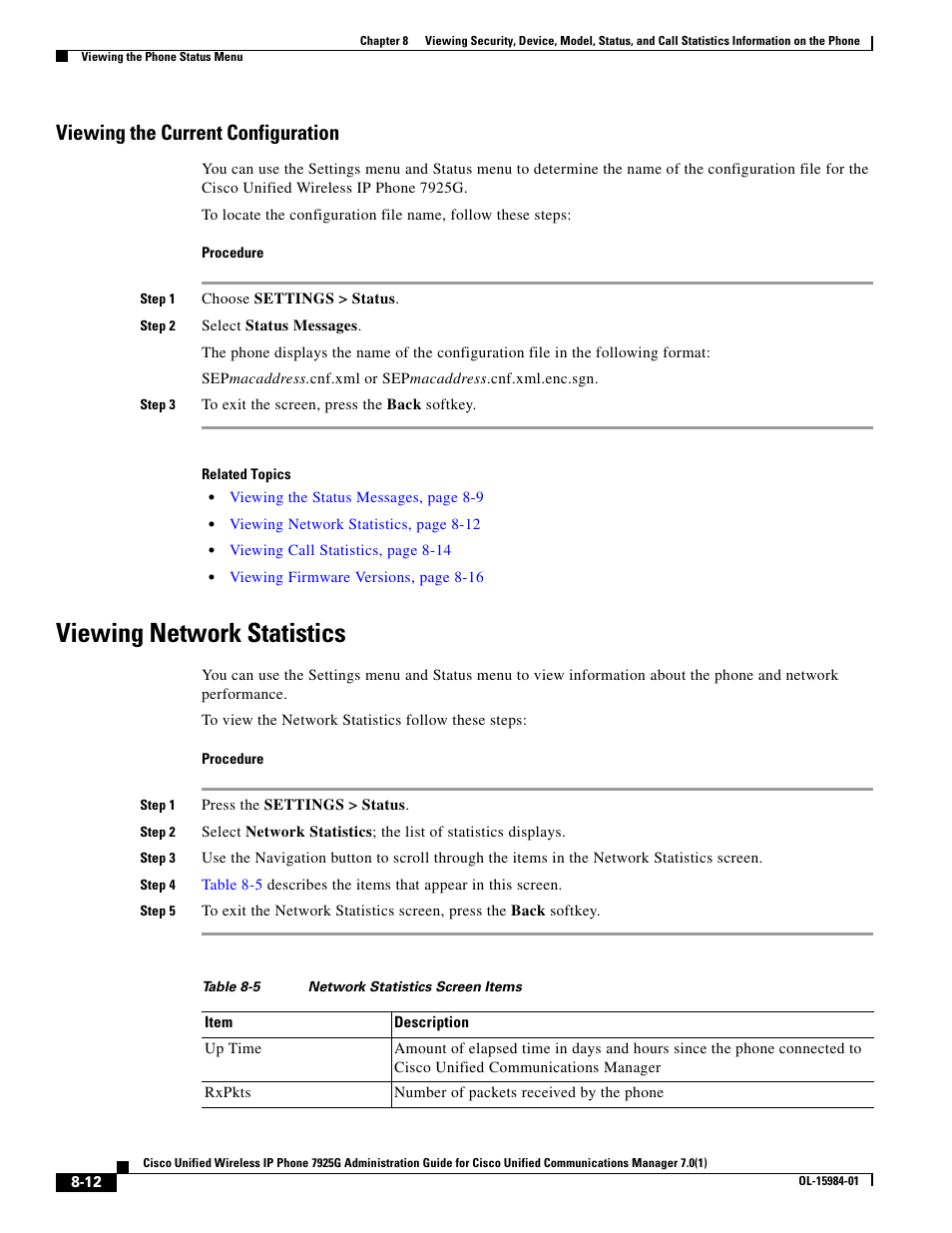 Viewing the current configuration, Viewing network statistics | Cisco 7925G User Manual | Page 12 / 18