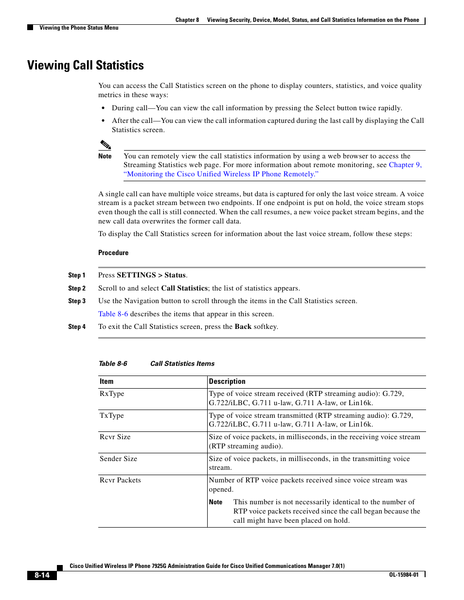 Viewing call statistics | Cisco 7925G User Manual | Page 14 / 18