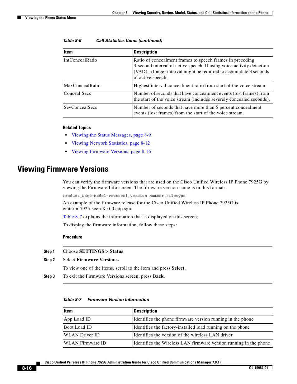 Viewing firmware versions | Cisco 7925G User Manual | Page 16 / 18