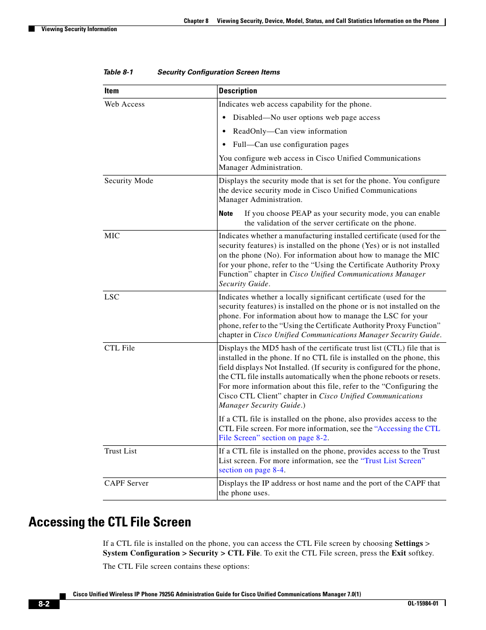 Accessing the ctl file screen, Table 8-1 | Cisco 7925G User Manual | Page 2 / 18