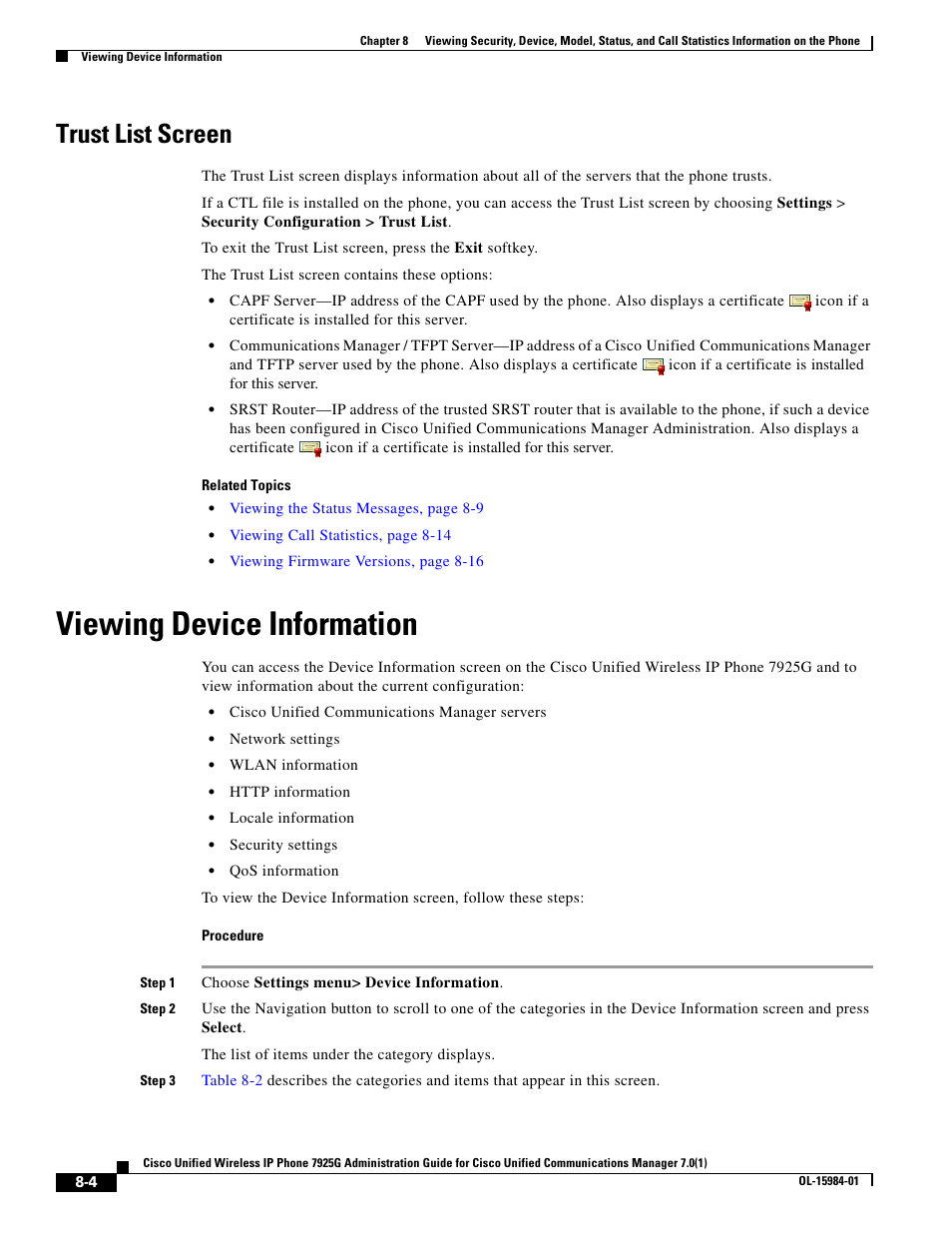 Trust list screen, Viewing device information | Cisco 7925G User Manual | Page 4 / 18