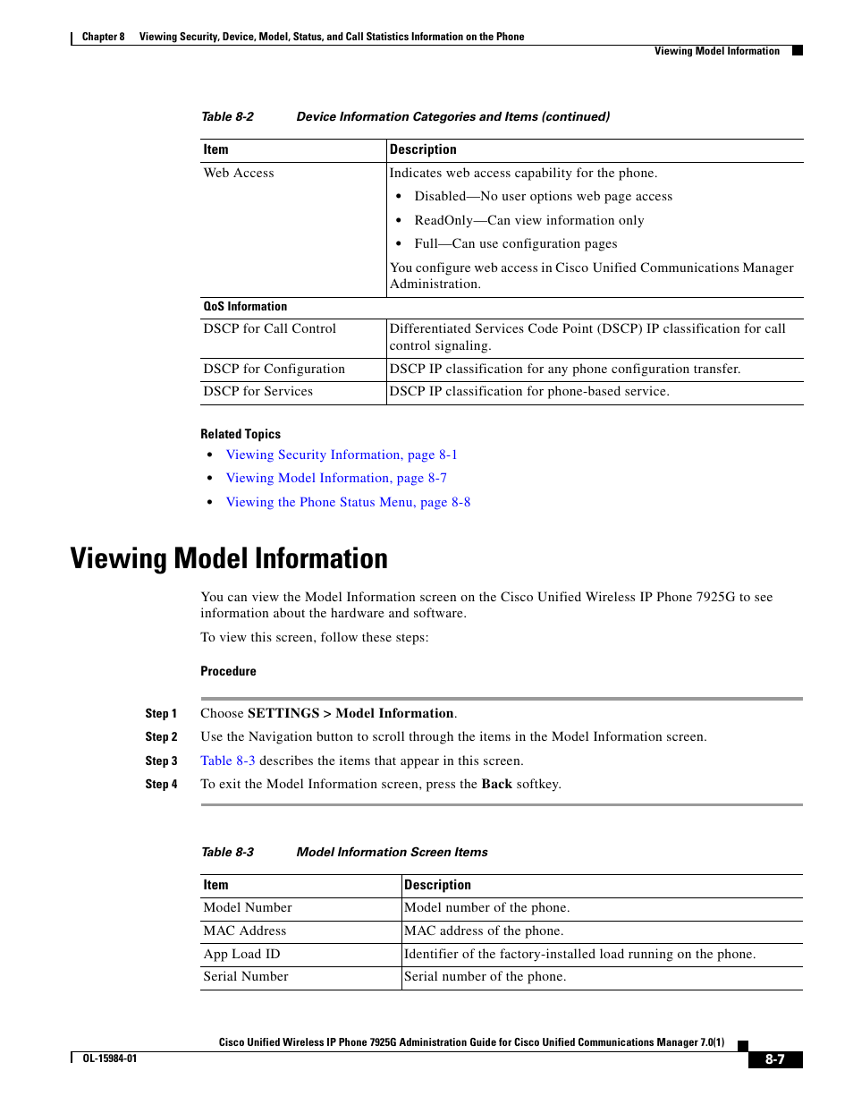 Viewing model information | Cisco 7925G User Manual | Page 7 / 18