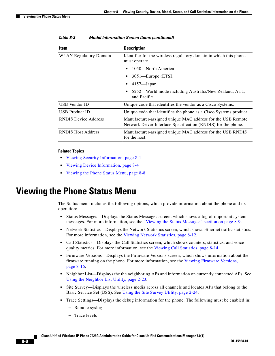 Viewing the phone status menu | Cisco 7925G User Manual | Page 8 / 18