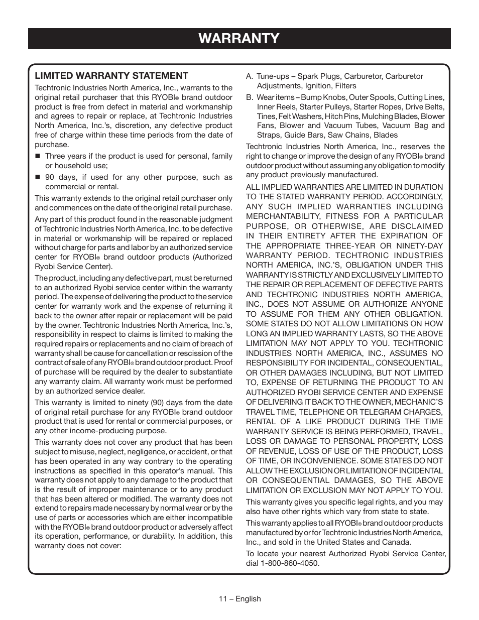 Warranty, Limited warranty statement | Ryobi P561 User Manual | Page 13 / 34