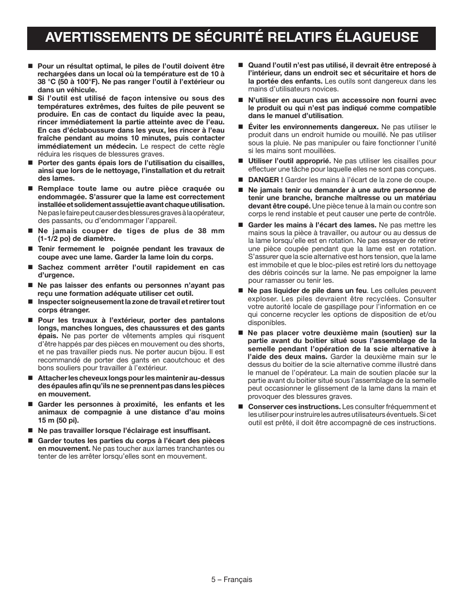 Avertissements de sécurité relatifs élagueuse | Ryobi P561 User Manual | Page 16 / 34
