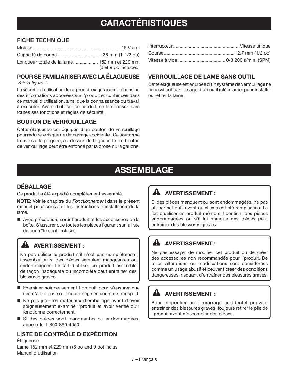 Caractéristiques, Assemblage | Ryobi P561 User Manual | Page 18 / 34