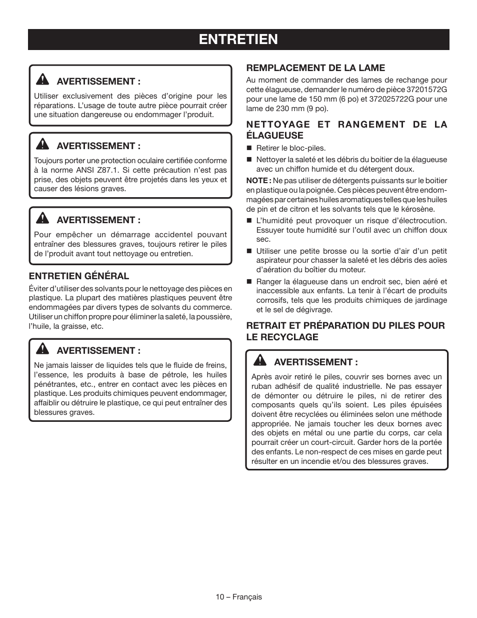 Entretien | Ryobi P561 User Manual | Page 21 / 34