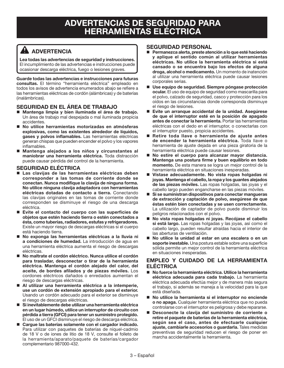 Advertencia, Seguridad personal | Ryobi P561 User Manual | Page 23 / 34