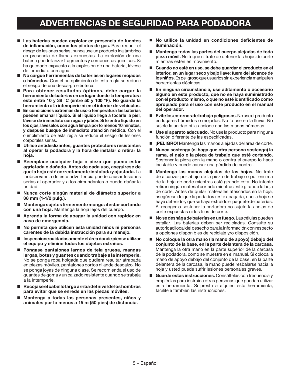 Advertencias de seguridad para podadora | Ryobi P561 User Manual | Page 25 / 34