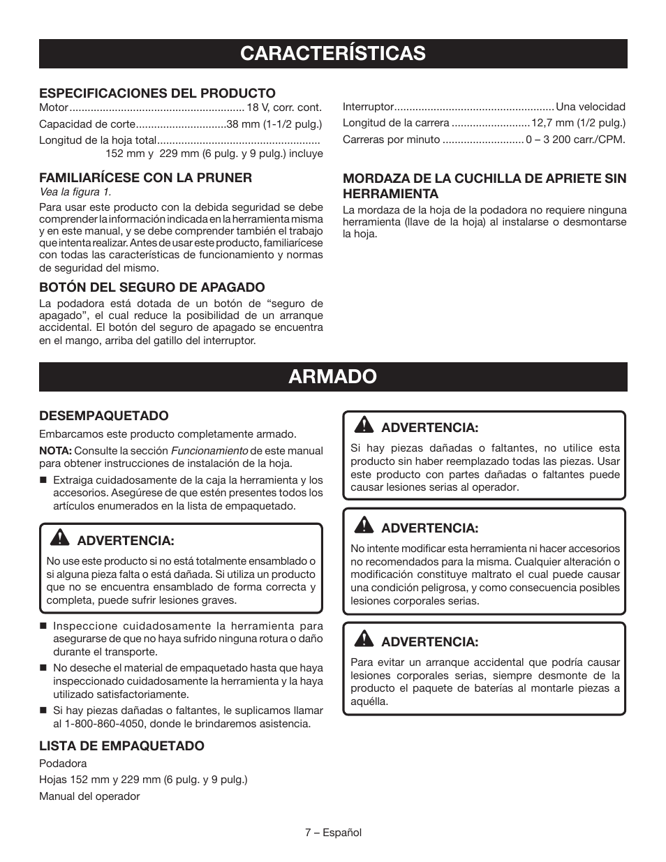 Características, Armado | Ryobi P561 User Manual | Page 27 / 34